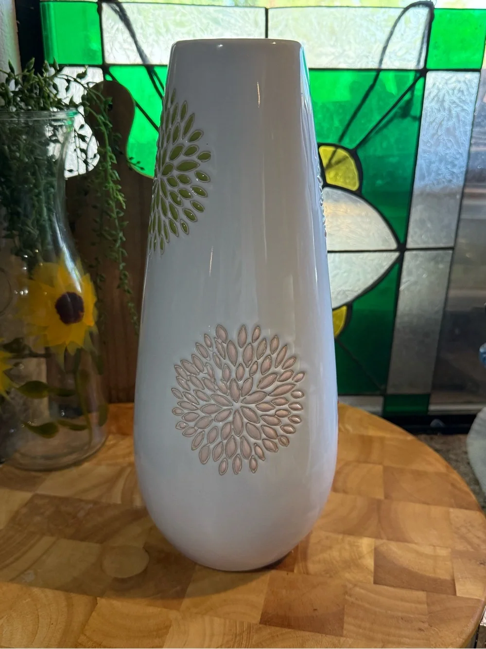 Tall White Ceramic Vase with Colorful Floral Bursts – 12¾”